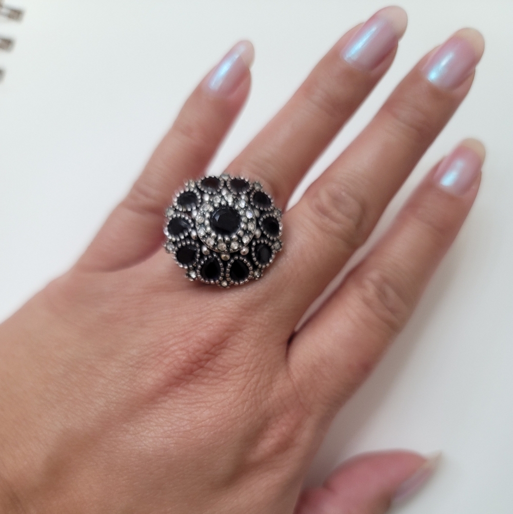 Blue/Purple, Floral, Domed Cocktail Ring, Sz 10- Vintage, Estate